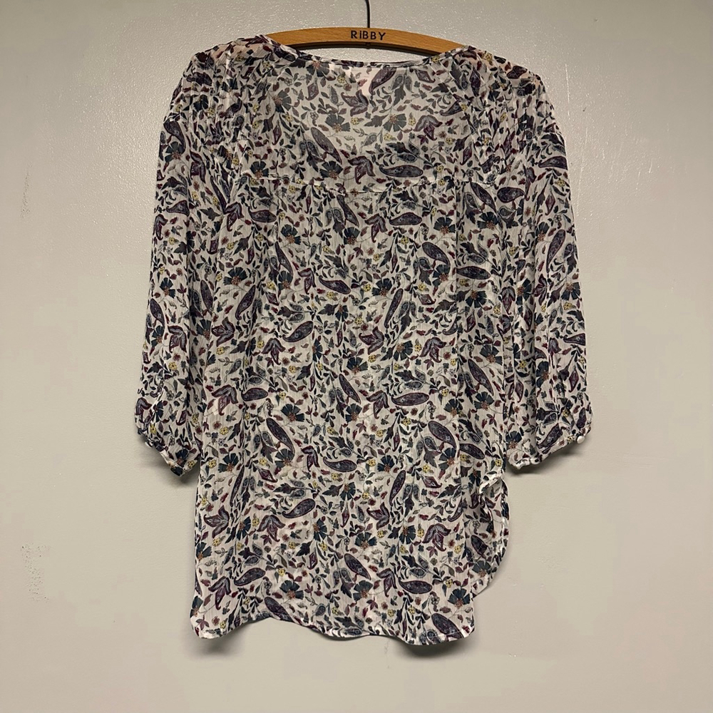 LC Lauren Conrad women's Small White Floral Blouse sheer gathered neck - Picture 8 of 9